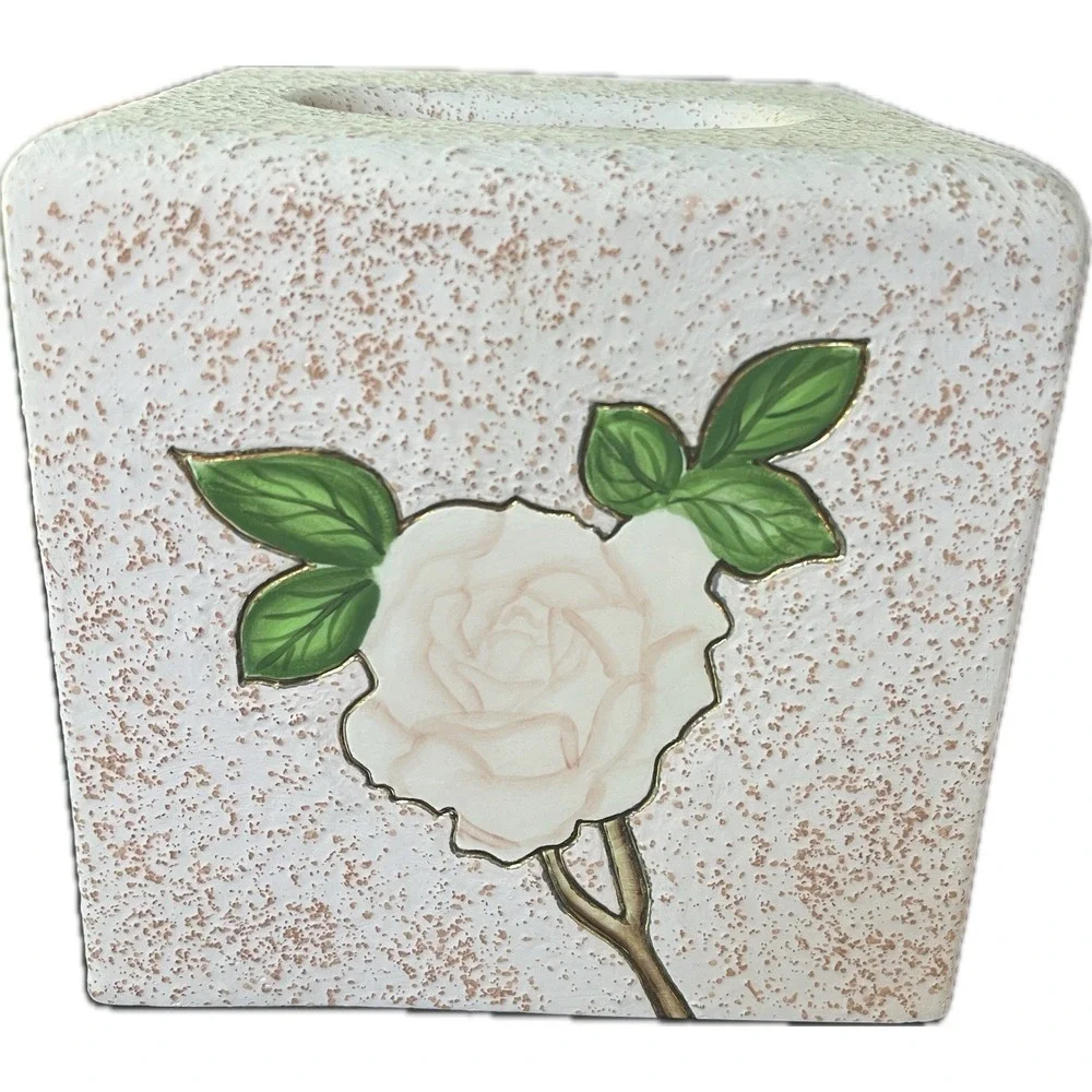 Texturized Heavy Ceramic Tissue Box Cover with Rose Vanity Decor, Artist Signed